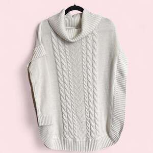 Ivory Cable Knit Poncho Sweater Cowl Neck Oversized Boho ALYA Women's M/L